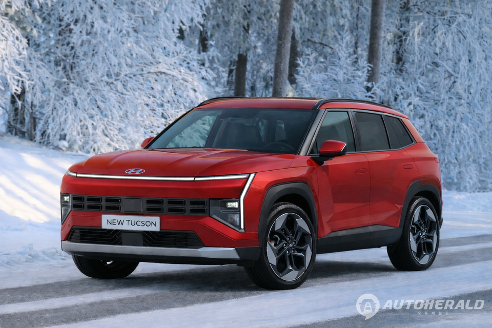 차세대 신형 투싼 예상도. 각진 스타일로 '강철의 조형미(Art of Steel)’ 디자인 컨셉을 강조한 외관을 갖고 있다. (AI로 구성한 예상도)